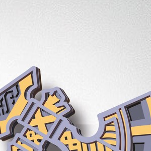 May include: A layered, abstract design with geometric shapes in shades of yellow, brown, and purple. The design is reminiscent of a stylised flower or a geometric pattern.