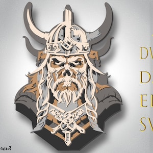 May include: A detailed, intricate, layered design of a Viking warrior's head with a horned helmet, beard, and a sword. The design is in shades of brown, gray, and white.