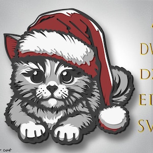 Chat de Noël multicouche SVG, fichier découpé au laser chat, calque 3D chat, coupe de contreplaqué chat, papier découpé, fichier SVG mandala 3D, décoration de Noël
