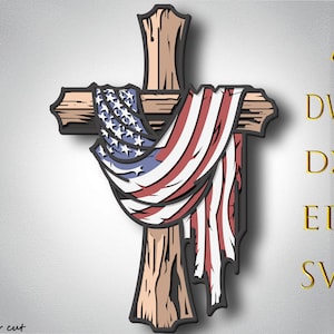 May include: A wooden cross design with an American flag draped over it. The cross has a textured, layered appearance with a dark outline. The flag features red and white stripes and a blue field with white stars. The image also includes text: AI, DWG, DXF, EPS, SVG.
