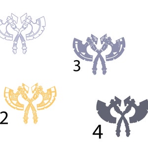 May include: Four different variations of a crossed axe design. The axes are in shades of grey, blue, and yellow. The designs are numbered 1 through 4.