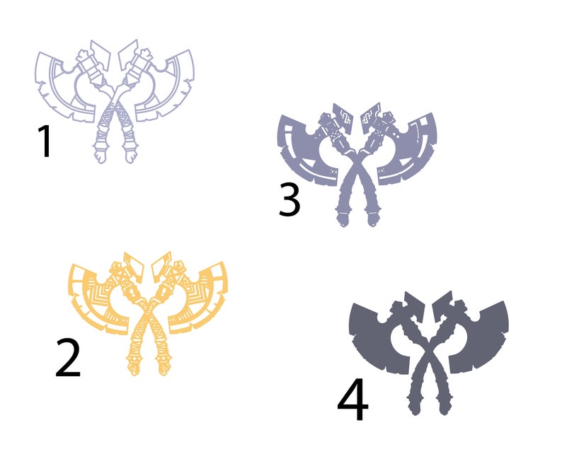 May include: Four different variations of a crossed axe design. The axes are in shades of grey, blue, and yellow. The designs are numbered 1 through 4.