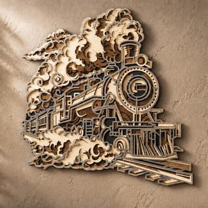 May include: A multi-layered wooden wall art piece depicting a steam locomotive engine emitting large, swirling clouds of smoke. The design features intricate cutouts in varying shades of natural wood and dark brown, creating a 3D effect.