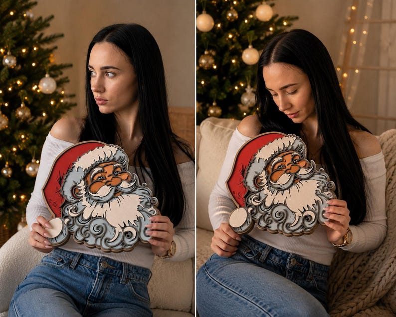 May include: A layered wooden cutout of Santa Claus featuring a red hat, a detailed face with a white mustache and beard, and intricate swirling patterns in shades of gray and cream. The decorative piece has a multi-dimensional design.