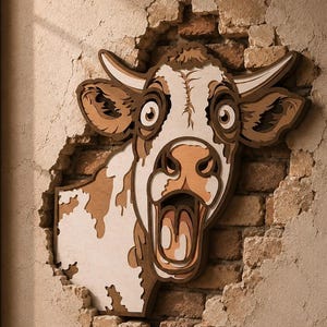 May include: A multi-layered wooden wall art piece depicting a cow with a surprised expression, featuring white and brown tones. The cow head is mounted on a textured brick wall surface, creating a three-dimensional effect with layered cutouts.