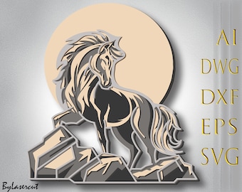 May include: A black and white stylized illustration of a horse standing on a rocky outcrop, with a large, pale yellow moon behind it. The image is in a layered style, with the horse and rocks appearing to be three-dimensional.