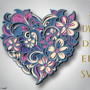 Fichiers SVG multicouche coeur floral, papier découpé, découpe laser, panneau décoratif multicouche, fichiers laser Glowforge, Zentangle SVG, contreplaqué découpé