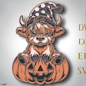 May include: A layered paper art piece depicting a Highland cow in a witch's hat, nestled within a jack-o'-lantern. The cow is orange, brown, and white, with a grey hat. The pumpkin is orange with a carved face. Text includes "AI, DWG, DXF, EPS, SVG".