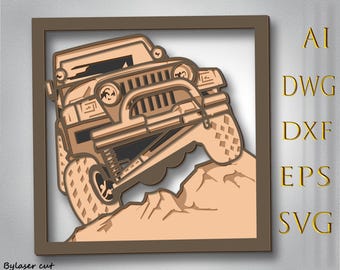 May include: A brown and tan jeep driving up a hill. The jeep is partially cut out of the frame, giving the impression of a 3D image.