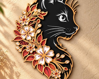 Layered Floral Cat SVG | Cat Laser Cut Design ,Boho Mandala(Digital Download)