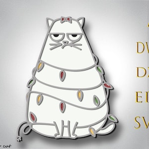 Svg multicouche drôle de chat de Noël, découpé au laser, carte-cadeau de chat avec des lumières de Noël, papier découpé, coupe de contreplaqué, Cricut drôle de Svg, pour la silhouette