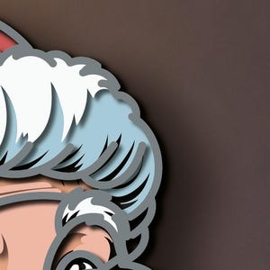 May include: A layered paper-cut style illustration of Santa Claus featuring a red hat with white trim, light blue hair, and white eyebrows. The design uses distinct gray outlines and shadows to create a three-dimensional effect on a dark background.