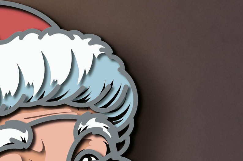 May include: A layered paper-cut style illustration of Santa Claus featuring a red hat with white trim, light blue hair, and white eyebrows. The design uses distinct gray outlines and shadows to create a three-dimensional effect on a dark background.