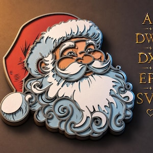 May include: A layered, multi-dimensional illustration of Santa Claus wearing a red hat with a white pom-pom and trim. The design features a white beard and moustache with swirling details. To the right, the text AI, DWG, DXF, EPS, SVG is displayed.