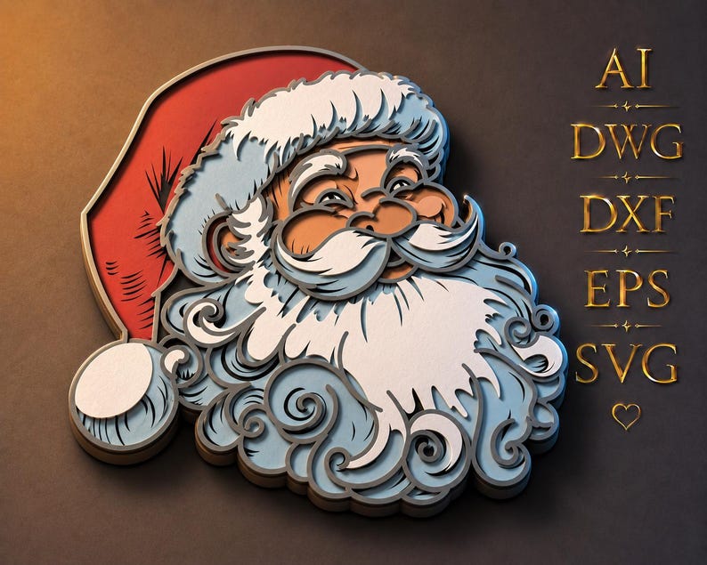 May include: A layered, multi-dimensional illustration of Santa Claus wearing a red hat with a white pom-pom and trim. The design features a white beard and mustache with swirling details. To the right, the text AI, DWG, DXF, EPS, SVG is displayed.