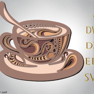 Arquivos svg multicamadas 3D de café, camada 3D Cappuccino, corte a laser, corte em papel, arquivos SVG, mandala 3D svg, modelos DXF para roteador CNC, corte em madeira compensada