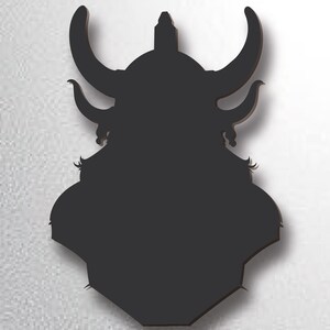 May include: Black silhouette of a horned helmet with a pointed top. The helmet is a decorative wall hanging.
