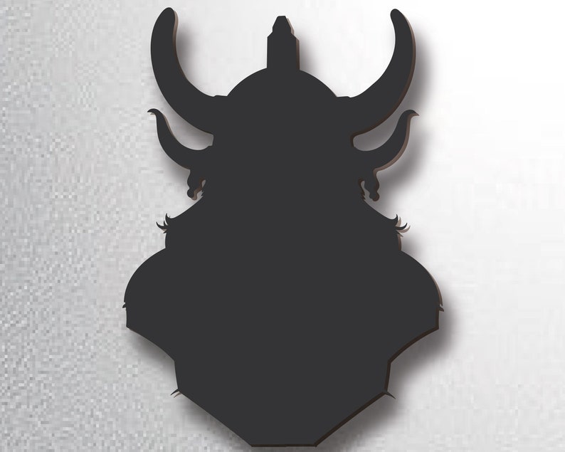 May include: Black silhouette of a horned helmet with a pointed top. The helmet is a decorative wall hanging.