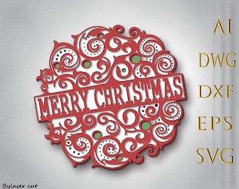 May include: A red and white Christmas ornament with the words "MERRY CHRISTMAS" in a rectangular banner. The ornament has a decorative, swirling design with green and black accents. The image also includes file type abbreviations.