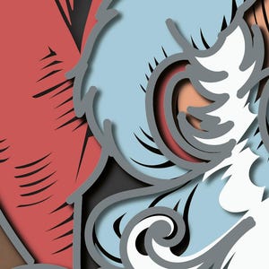 May include: A layered paper art piece featuring a stylized Santa Claus with a white beard, light blue mustache, and peach-toned skin. The design includes a prominent red hat section with black line details, all set against a dark brown background.