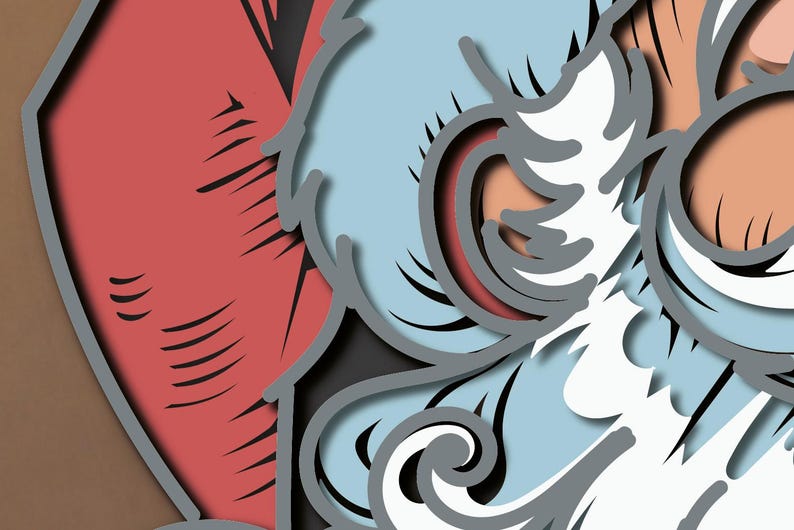 May include: A layered paper art piece featuring a stylized Santa Claus with a white beard, light blue mustache, and peach-toned skin. The design includes a prominent red hat section with black line details, all set against a dark brown background.