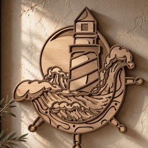 May include: A multi-layered wooden wall art piece featuring a lighthouse centered in front of a circular sun, surrounded by stylized ocean waves. The design is constructed from stacked wood panels with varying light and dark brown wood grain tones.