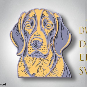 Puede incluir: Una ilustración estilizada y detallada de la cabeza de un perro. El perro tiene un cuerpo marrón claro y amarillo con una cabeza y orejas moradas. Los ojos del perro son negros y la nariz es morada.