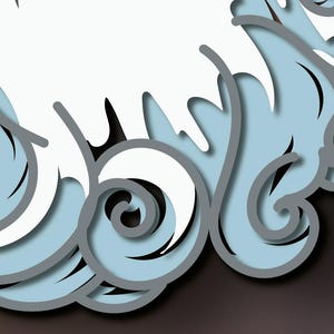 May include: A layered paper art piece featuring stylized light blue waves with dark gray outlines and a large, solid white central shape. The design consists of multiple stacked layers creating a dimensional effect with curved, swirling wave patterns.