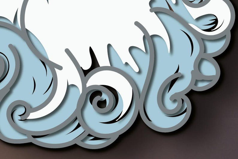 May include: A layered paper art piece featuring stylized light blue waves with dark gray outlines and a large, solid white central shape. The design consists of multiple stacked layers creating a dimensional effect with curved, swirling wave patterns.