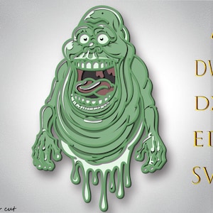 May include: A green cartoon character with an open mouth and dripping slime. The character has a wide grin and bulging eyes. The image includes the text "AI, DWG, DXF, EPS, SVG" in gold lettering.