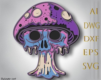Cráneo de hongo multicapa SVG, corte láser, archivo de corte de papel, CNC, madera contrachapada de mandala