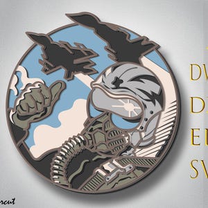 Piloto de caça em camadas 3D SVG, cortes a laser, download digital instantâneo, PNG de aeronave militar, modelos Cricut, arte de aviação, recorte de madeira
