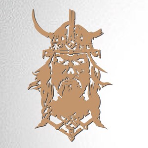 May include: A brown silhouette of a Viking warrior with a horned helmet, beard, and intricate details. The warrior is facing forward with a serious expression.