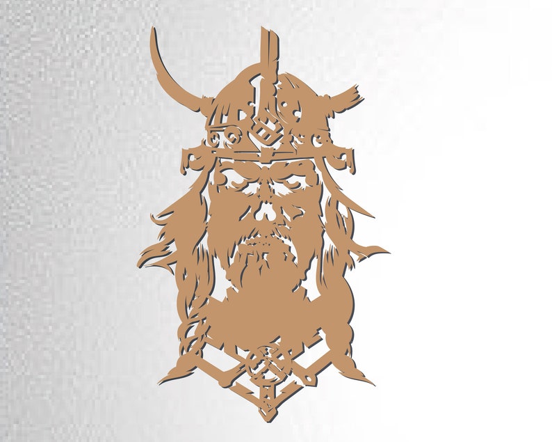 May include: A brown silhouette of a Viking warrior with a horned helmet, beard, and intricate details. The warrior is facing forward with a serious expression.