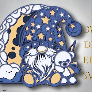 Niedliche Gnomen SVG, Gnome auf Mond, 3D Schnitt, Sperrholz, Papierschnitt, 3D Mandala für Glowforge