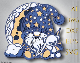 Gnome Moon Mandala SVG, 3D Layered Laser Cut File