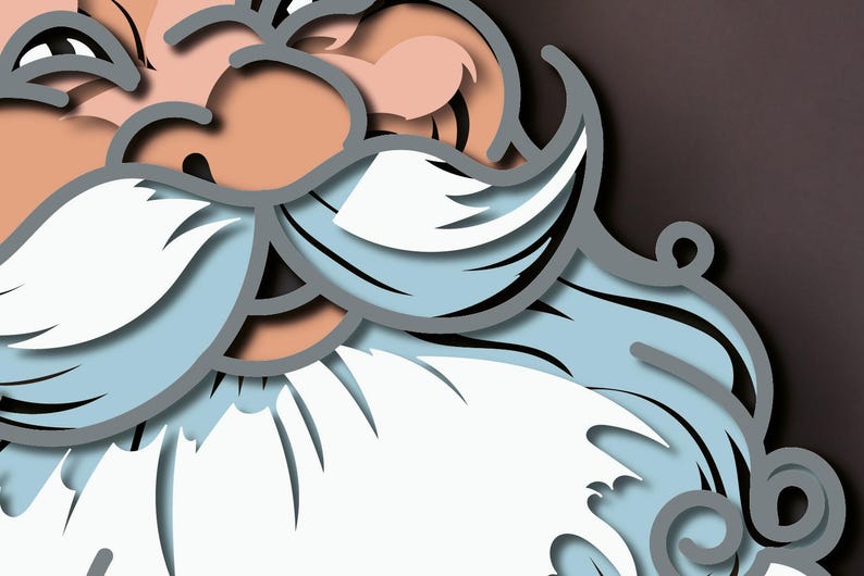 May include: A layered paper art cutout depicting a stylized face with a large white mustache and beard, light blue facial hair accents, and peach-toned skin. The design features bold gray outlines and depth created by stacked paper layers.