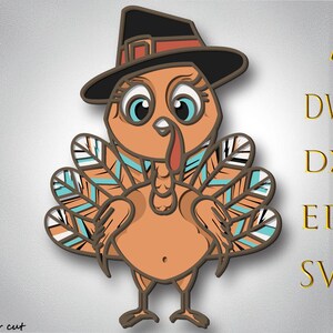 May include: A cartoon turkey wearing a pilgrim hat, with a brown body, blue and white feathers, and a red wattle. The image includes the text "AI, DWG, DXF, EPS, SVG" and "Bylaser cut".