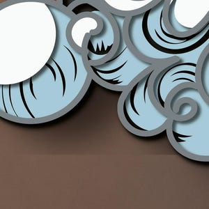 May include: A layered paper art piece featuring stylized light blue waves with white foam crests and dark gray outlines. The design consists of multiple stacked cutouts creating a dimensional effect with curved, swirling shapes and bold lines.