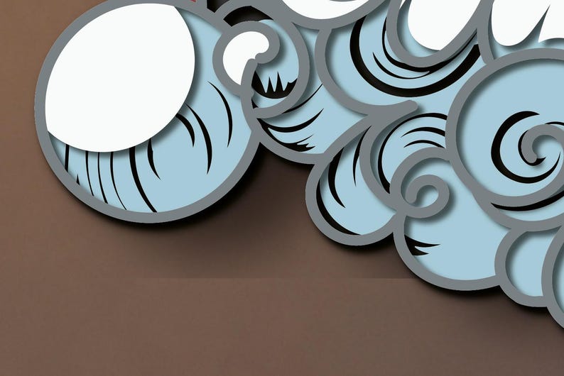 May include: A layered paper art piece featuring stylized light blue waves with white foam crests and dark gray outlines. The design consists of multiple stacked cutouts creating a dimensional effect with curved, swirling shapes and bold lines.