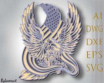 Vaterländischen Adler 3d überlagert svg, 3D Schicht Adler, Laser-Schnitt, Papierschnitt, Adler DXF, Adler für Cnc, Adlermandala Holzschnitt, Adler Lightburn, SVG-Dateien