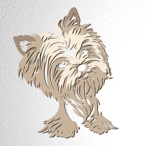 May include: A brown and white Yorkshire Terrier dog with long hair, looking to the right. The dog is drawn in a stylized, line art style.