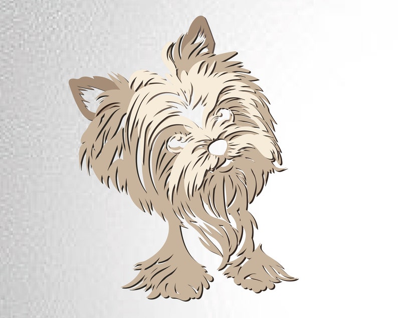 May include: A brown and white Yorkshire Terrier dog with long hair, looking to the right. The dog is drawn in a stylized, line art style.