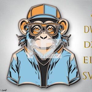 May include: A layered illustration of a chimpanzee wearing glasses, a hat, and a blue jacket. The image has a 3D effect with orange, blue, and black colors. The image includes the text "AI, DWG, DXF, EPS, SVG".