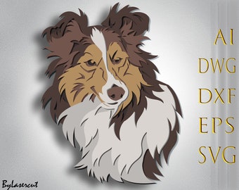 May include: A digital illustration of a brown and white Sheltie dog with a fluffy white chest and a brown nose. The dog is looking to the right of the image.