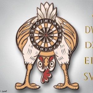 Könnte beinhalten: Ein mehrschichtiges Dartboard aus Holz in Form eines Huhns, mit der Dartscheibe in der Mitte des Hühnerkörpers. Das Huhn ist braun, beige und weiß, mit einem roten Kamm. Das Bild enthält den Text "AI, DWG, DXF, EPS, SVG".