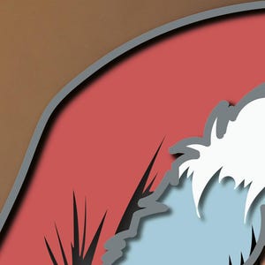 May include: A layered paper art design featuring a curved red section with a grey border, set against a solid brown background. The design includes a white, fluffy, cloud-like element with sharp, black, grass-like spikes protruding from the base.