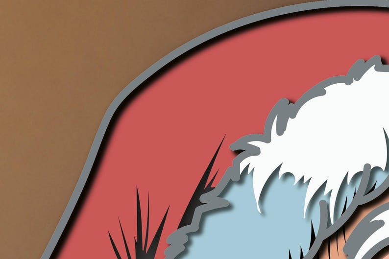 May include: A layered paper art design featuring a curved red section with a grey border, set against a solid brown background. The design includes a white, fluffy, cloud-like element with sharp, black, grass-like spikes protruding from the base.