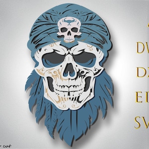 Puede incluir: Una calavera azul y blanca con un pañuelo azul y una calavera blanca en la parte superior. La calavera tiene una barba hecha de plumas azules.