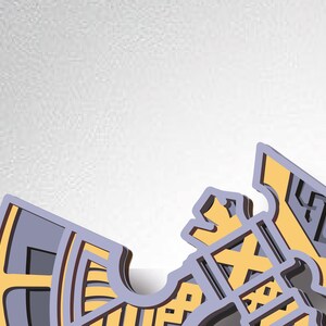 May include: A layered, abstract design with a geometric pattern in shades of purple, yellow, and brown. The design is reminiscent of a stylised bird or animal.